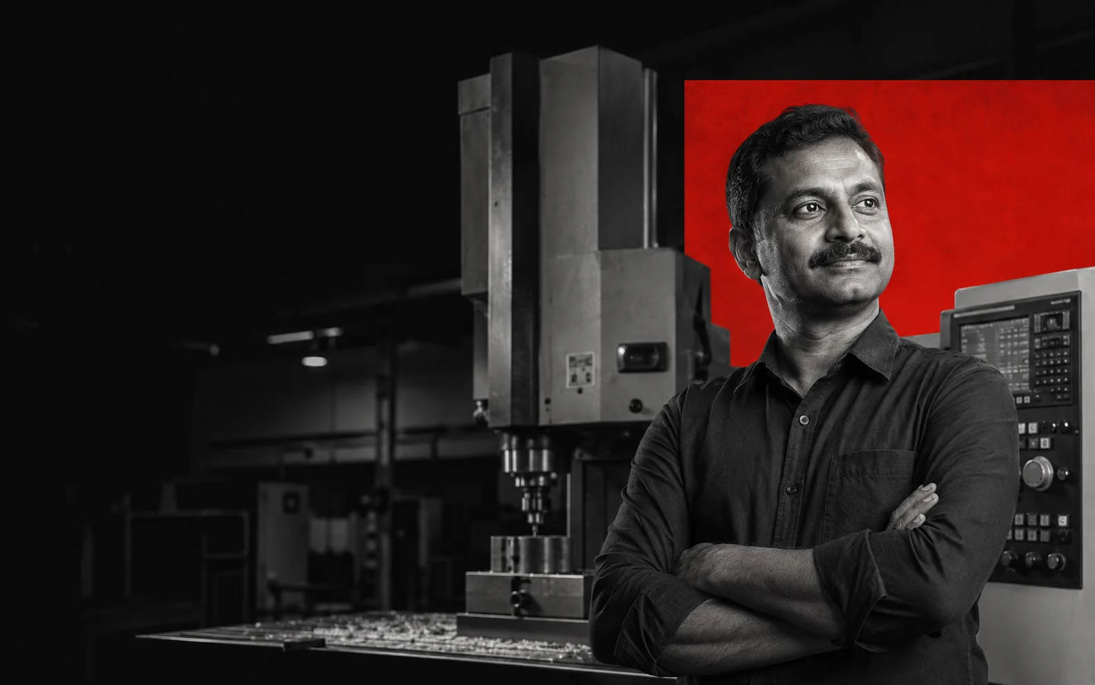 Fictional Indian business owner in a modern manufacturing workspace