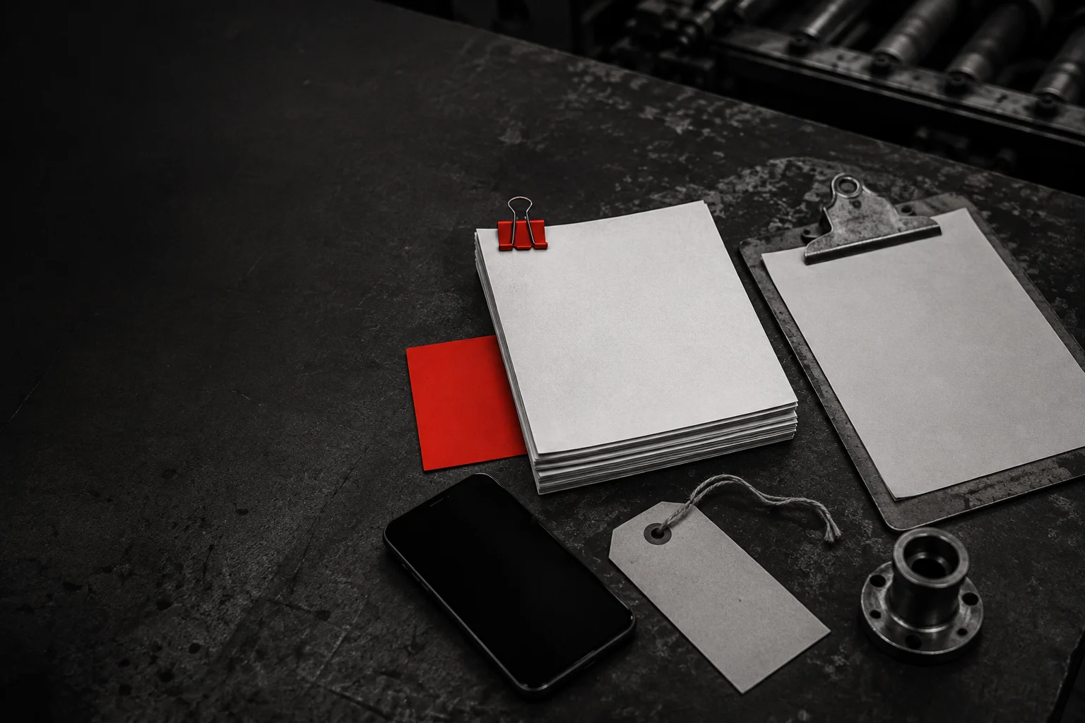 A streamlined business workflow represented by job cards, a phone and industrial tools